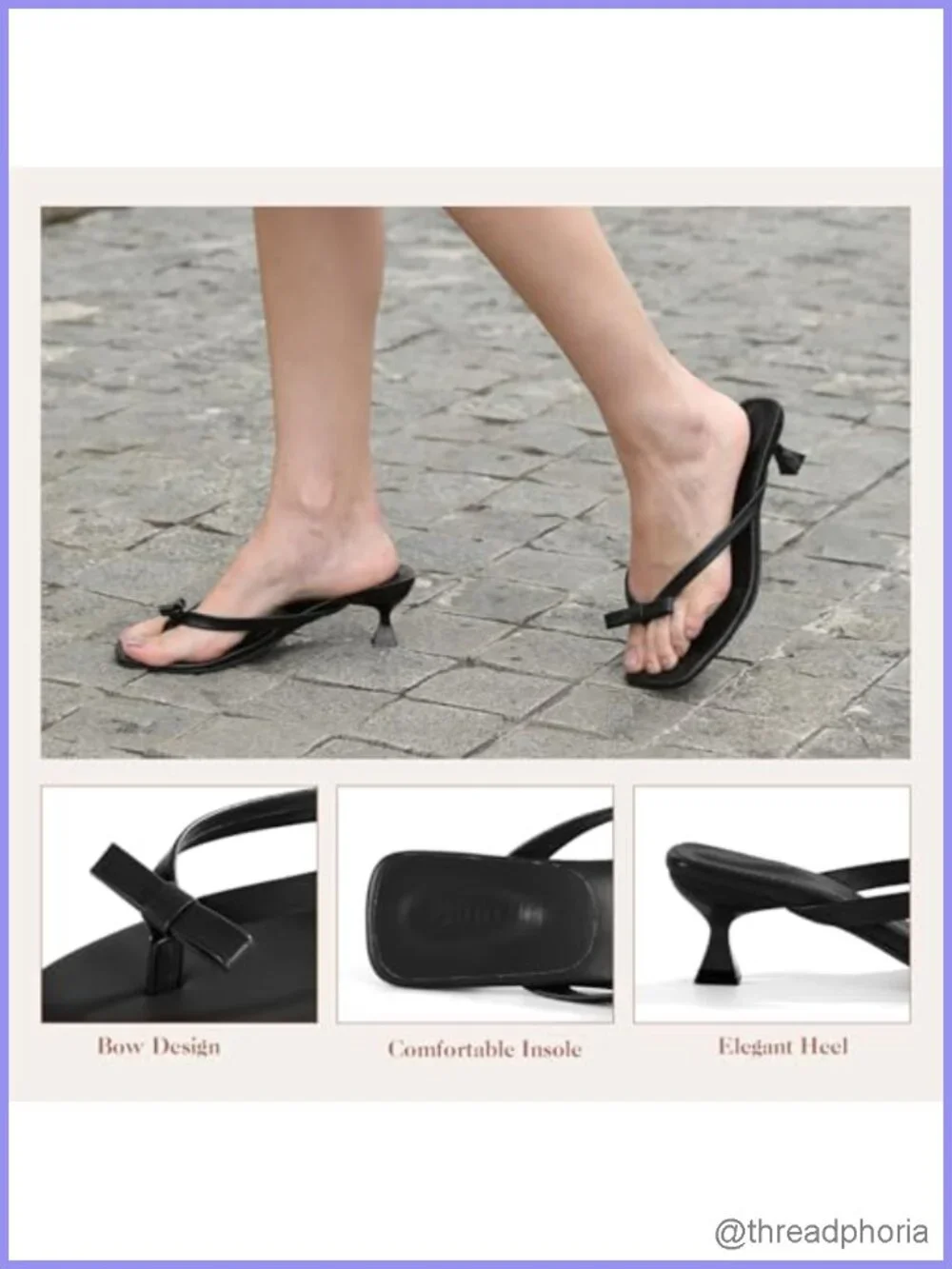 Kitten Heel Slip-On Sandals with Bow - Faux Leather Open Toe
